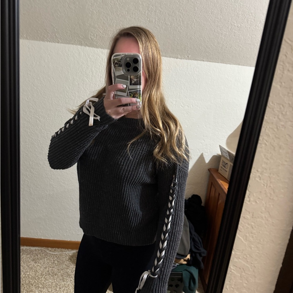 Grey Sweater with Ribbon Detail